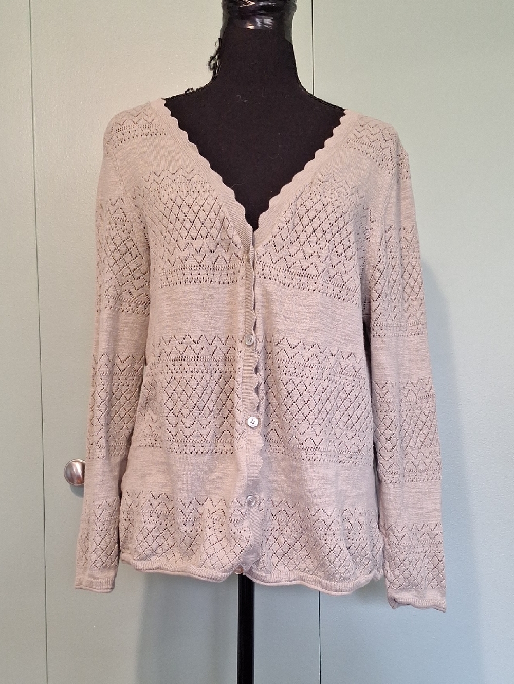 Frye Green Scallop Neck Light Weight Sweater Size Large 100% Cotton